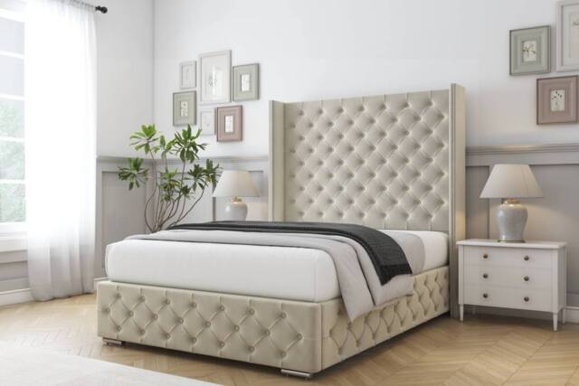 "Comfort Beds Emily Plush Bed Frame - 50"" Upholstered Wingback Headboard in Cream - Size: Single" - image 1