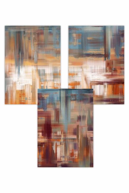 ARTZE Set of 3 Geometric Abstract Urban Landscape In Blue Orange White Art Posters - Size: W50 cm x H70 cm - image 1