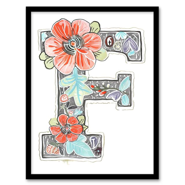 "Artery8 Women's Wall Art Print Letter F with Flowers Simple Pencil Watercolour Floral Word Art Framed - Size: W12"" x H16""" - image 1