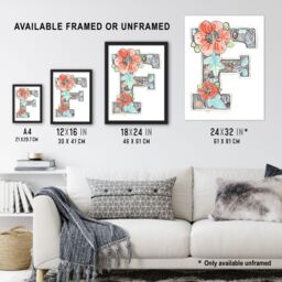 "Artery8 Women's Wall Art Print Letter F with Flowers Simple Pencil Watercolour Floral Word Art Framed - Size: W12"" x H16""" - thumbnail 3