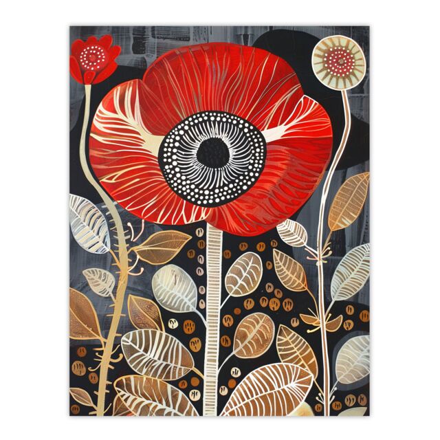 "Artery8 Poppy Flower Red Gold Grey Modern Folk Art Wall Art Print - Size: W24"" x H32""" - image 1