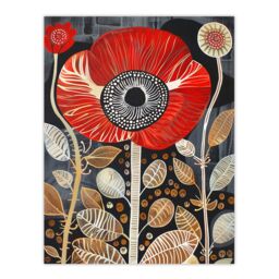 "Artery8 Poppy Flower Red Gold Grey Modern Folk Art Wall Art Print - Size: W24"" x H32""" - thumbnail 1