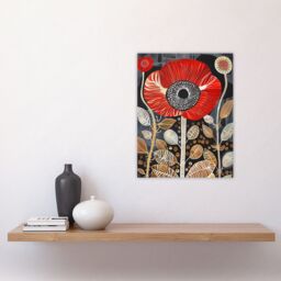 "Artery8 Poppy Flower Red Gold Grey Modern Folk Art Wall Art Print - Size: W24"" x H32""" - thumbnail 4