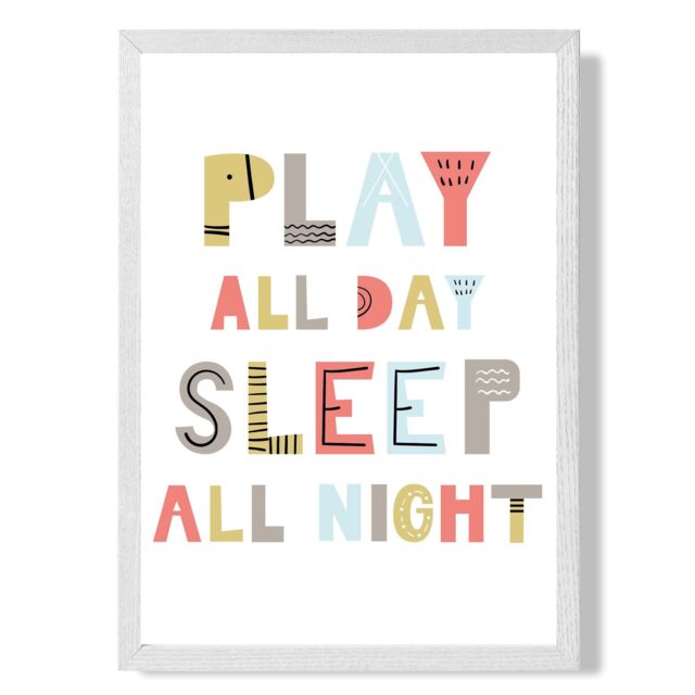 ARTZE Cute Play All Day Scandi Quote Framed Print SIZE: A2 with White Frame in Pale Blue - Size: A4 - image 1