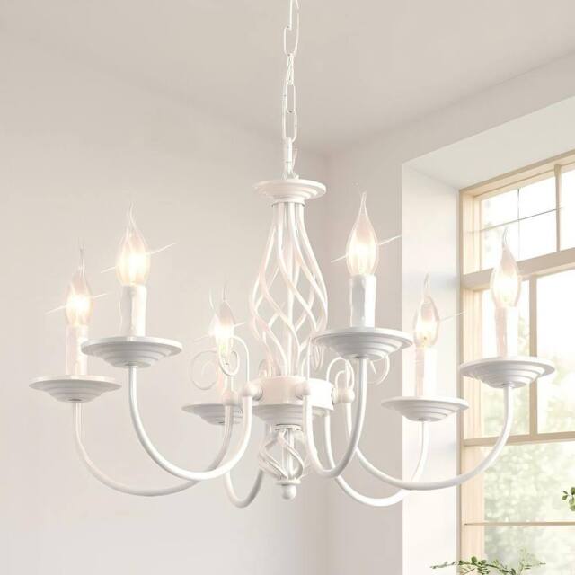 NIVOR French Vintage 6 Light White Iron Dining Room Candle Chandelier E27