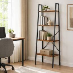 STILVORA 4-Tier Ladder Shelf with Steel Frame in Brown - thumbnail 1