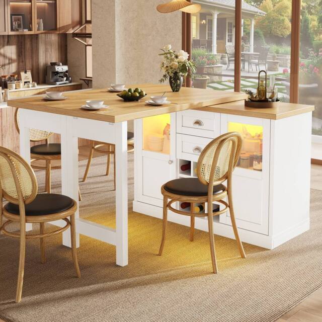 Merax Extendable Kitchen Island with Swivel Breakfast Bar & Wine Storage in White - image 1
