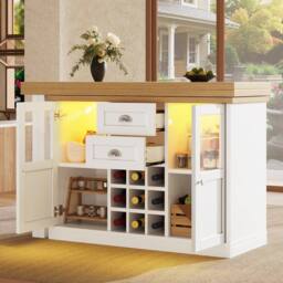 Merax Extendable Kitchen Island with Swivel Breakfast Bar & Wine Storage in White - thumbnail 5