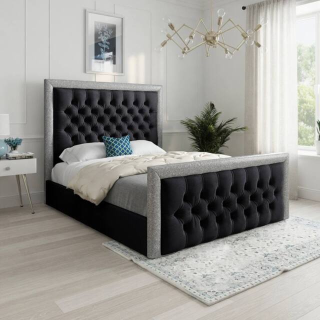 Casani Thorpe Glitter Border Upholstered Black Soft Velvet Designer Bed Frame - Size: Single - image 1