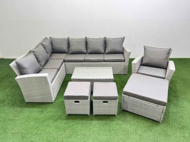 Fimous 10 Seater Garden Outdoor PE Rattan Furniture Set with 3 Stools in Light Grey - image 1