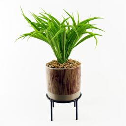 Leaf 35cm Artificial Grass with Ceramic Planter Metal Stand in Green - thumbnail 1