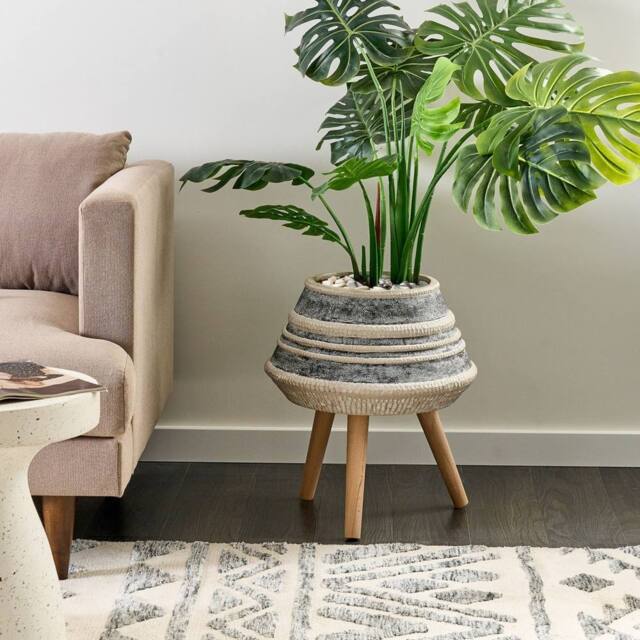 Wyld and Coco Evergreen Hand Painted Fibre Clay Plant Stand Beige Grey Round - image 1