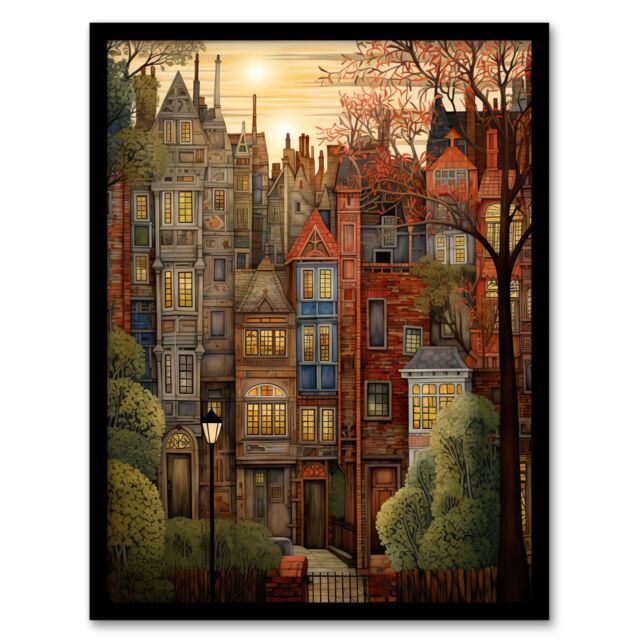"Artery8 Sunset Geometric Soft Cityscape In Autumn Architecture Art Print Framed Poster Wall Decor in Black - Size: W12"" x H16""" - image 1