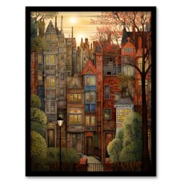 "Artery8 Sunset Geometric Soft Cityscape In Autumn Architecture Art Print Framed Poster Wall Decor in Black - Size: W12"" x H16""" - thumbnail 1