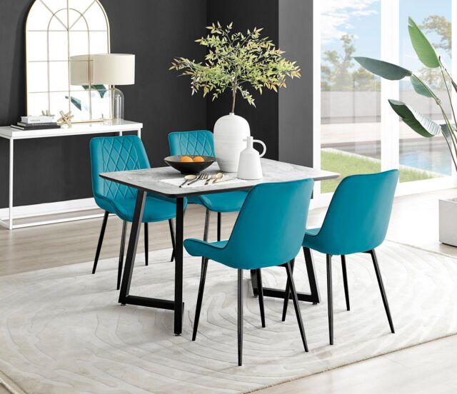 FurnitureboxUK Carson White Marble Effect Dining Table & 4 Pesaro Black Leg Chairs in Blue - image 1