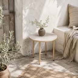 Wyld Haus Bake Beige Round Side Table Faux Marble Tempered Glass Top