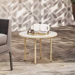 Wyld Haus Bake Beige Round Side Table Faux Marble Tempered Glass Top - thumbnail 7