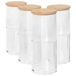 Harbour Housewares Reusable Plastic Stacking Bathroom Canisters with Bamboo Lid - Pack of 4 in Clear