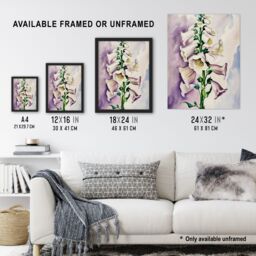 "Artery8 Foxglove Digitalis Flower Botanical Watercolour Framed Art Print in White - Size: W12"" x H16""" - thumbnail 3