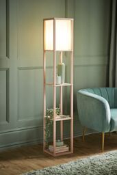 ValueLights Struttura Pastel Wooden Shelving Floor Lamp with Fabric Shade in Yellow