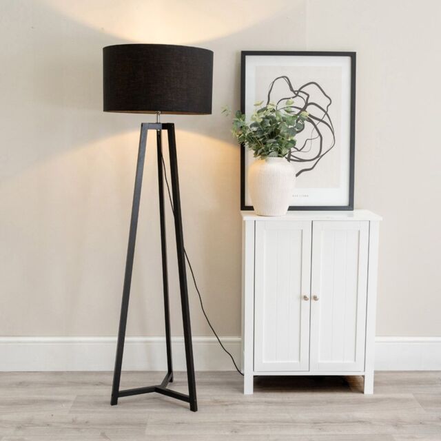 ValueLights Lottie Black Wood Tripod Floor Lamp with Fabric Drum Shade - image 1