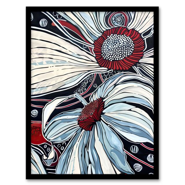 "Artery8 Abstract Blue Red Flowers Artwork Floral Bloom Framed Art Print in White - Size: W12"" x H16""" - image 1