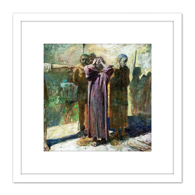 Artery8 Ge Christ Golgotha Condemned Biblical Painting 8X8 Inch Square Wooden Framed Wall Art Print Picture with Mount in White - image 1