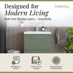 Balterley Modern Bathroom 2 Soft-Close Drawer Floor Standing Vanity Unit with Mid-Edge Basin, Satin Green, 600 mm in Green - thumbnail 2
