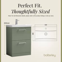 Balterley Modern Bathroom 2 Soft-Close Drawer Floor Standing Vanity Unit with Mid-Edge Basin, Satin Green, 600 mm in Green - thumbnail 5