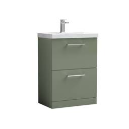Balterley Modern Bathroom 2 Soft-Close Drawer Floor Standing Vanity Unit with Mid-Edge Basin, Satin Green, 600 mm in Green