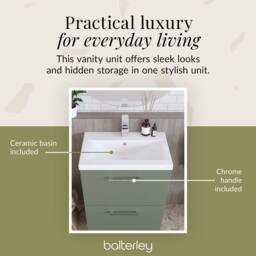 Balterley Modern Bathroom 2 Soft-Close Drawer Floor Standing Vanity Unit with Mid-Edge Basin, Satin Green, 600 mm in Green - thumbnail 7