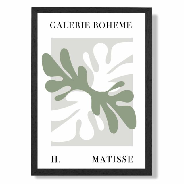 ARTZE Matisse Floral Cutout Sage Green Bohemian Framed Print SIZE: A3 with Black Frame in Pale Green - Size: A4 - image 1
