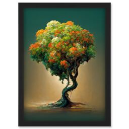 Artery8 Ethereal Bonsai Lone Tree Green Orange Artwork Framed Wall Art Print A4 in Black - thumbnail 1