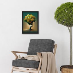 Artery8 Ethereal Bonsai Lone Tree Green Orange Artwork Framed Wall Art Print A4 in Black - thumbnail 2