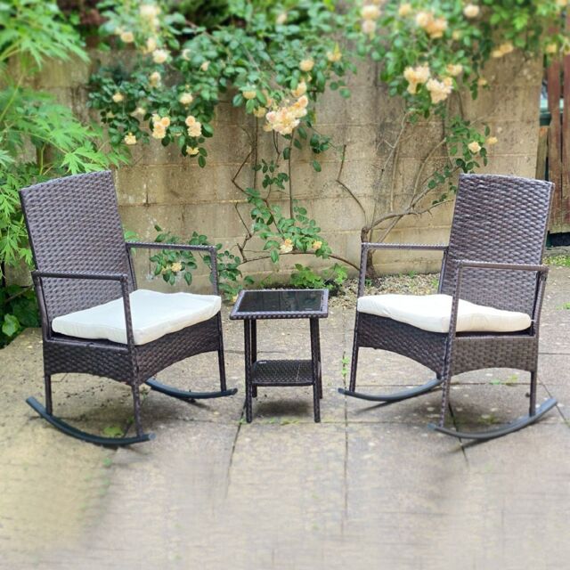 FURNITURE ONE 3-Piece Outdoor Rattan Bistro Set, 2 Seater Patio Rocking Chairs with Glass Top Coffee Table in Brown - image 1