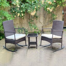 FURNITURE ONE 3-Piece Outdoor Rattan Bistro Set, 2 Seater Patio Rocking Chairs with Glass Top Coffee Table in Brown - thumbnail 1