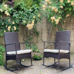 FURNITURE ONE 3-Piece Outdoor Rattan Bistro Set, 2 Seater Patio Rocking Chairs with Glass Top Coffee Table in Brown - thumbnail 4