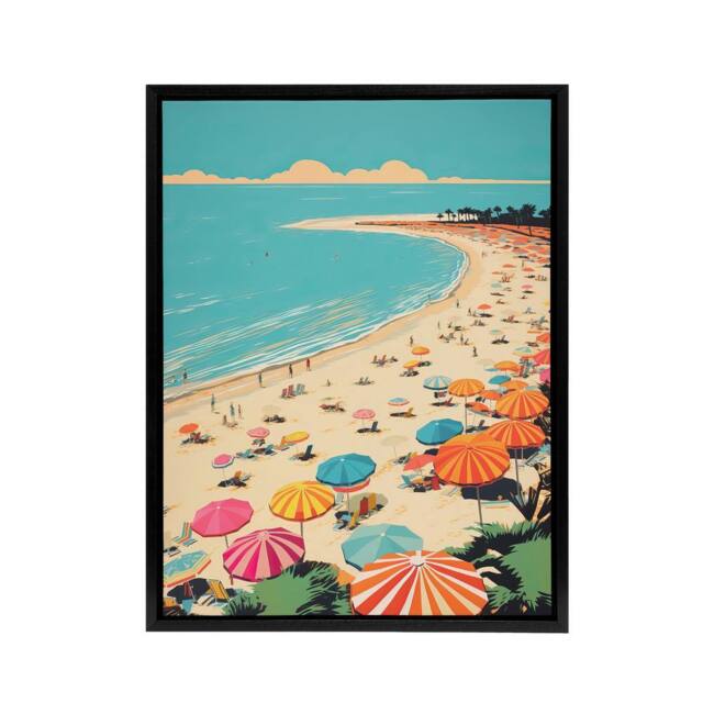 "Artery8 Sea Cove Busy Beach Coastal Landscape Framed Canvas Wall Art Print in Blue - Size: W12"" x H16""" - image 1