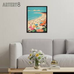"Artery8 Sea Cove Busy Beach Coastal Landscape Framed Canvas Wall Art Print in Blue - Size: W12"" x H16""" - thumbnail 3