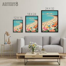 "Artery8 Sea Cove Busy Beach Coastal Landscape Framed Canvas Wall Art Print in Blue - Size: W12"" x H16""" - thumbnail 4