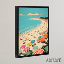"Artery8 Sea Cove Busy Beach Coastal Landscape Framed Canvas Wall Art Print in Blue - Size: W12"" x H16""" - thumbnail 2
