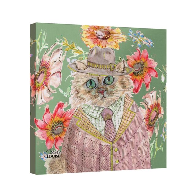 "Claire Louise Cottage Floral Cat Canvas Print - Size: W16"" x H16"""