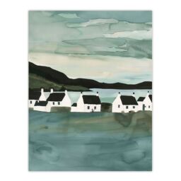 "Artery8 Fisherman Cottages Scotland Seaside Watercolour Wall Art Print in Green - Size: W18"" x H24""" - thumbnail 1