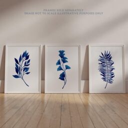 Wee Blue Coo Pack of 3 Simple Elegant Flower Plant Leaf Foliage Cobalt Blue Watercolour Unframed Wall Art Living Room Prints Set - thumbnail 6