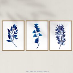 Wee Blue Coo Pack of 3 Simple Elegant Flower Plant Leaf Foliage Cobalt Blue Watercolour Unframed Wall Art Living Room Prints Set - thumbnail 5