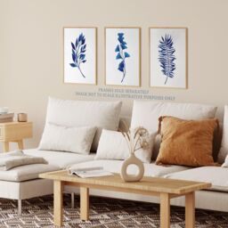 Wee Blue Coo Pack of 3 Simple Elegant Flower Plant Leaf Foliage Cobalt Blue Watercolour Unframed Wall Art Living Room Prints Set - thumbnail 3