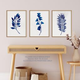 Wee Blue Coo Pack of 3 Simple Elegant Flower Plant Leaf Foliage Cobalt Blue Watercolour Unframed Wall Art Living Room Prints Set - thumbnail 2