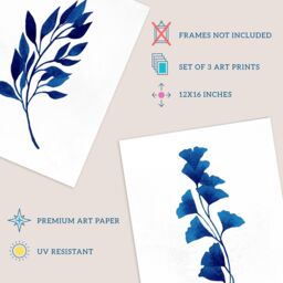 Wee Blue Coo Pack of 3 Simple Elegant Flower Plant Leaf Foliage Cobalt Blue Watercolour Unframed Wall Art Living Room Prints Set - thumbnail 4