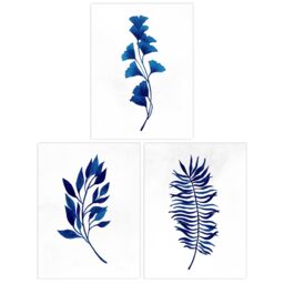 Wee Blue Coo Pack of 3 Simple Elegant Flower Plant Leaf Foliage Cobalt Blue Watercolour Unframed Wall Art Living Room Prints Set - thumbnail 1
