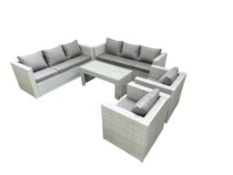 Fimous Outdoor Garden Furniture Rattan Sofa Set with 2 Armchairs Oblong Coffee Table Light Grey Mixed - thumbnail 1